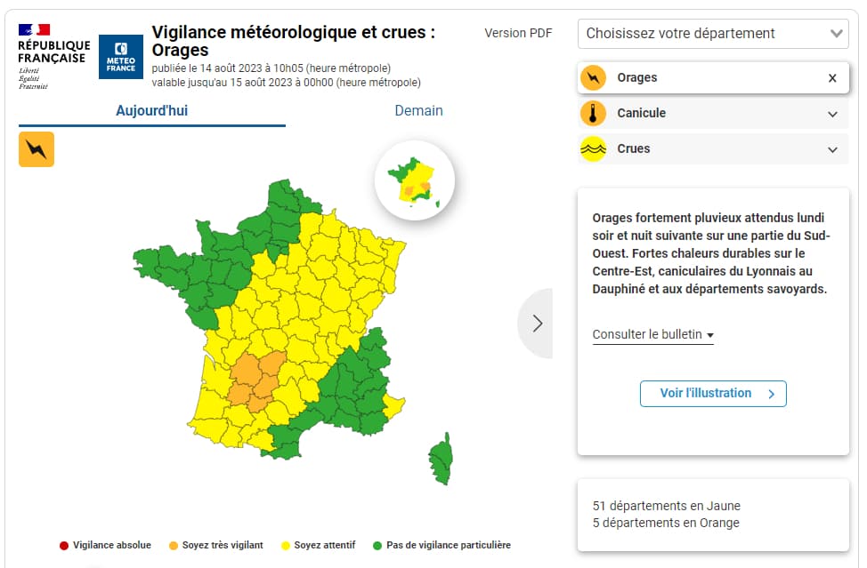 Météo-France: Alerta Naranja para Ocho Departamentos por Tormentas e Inundaciones